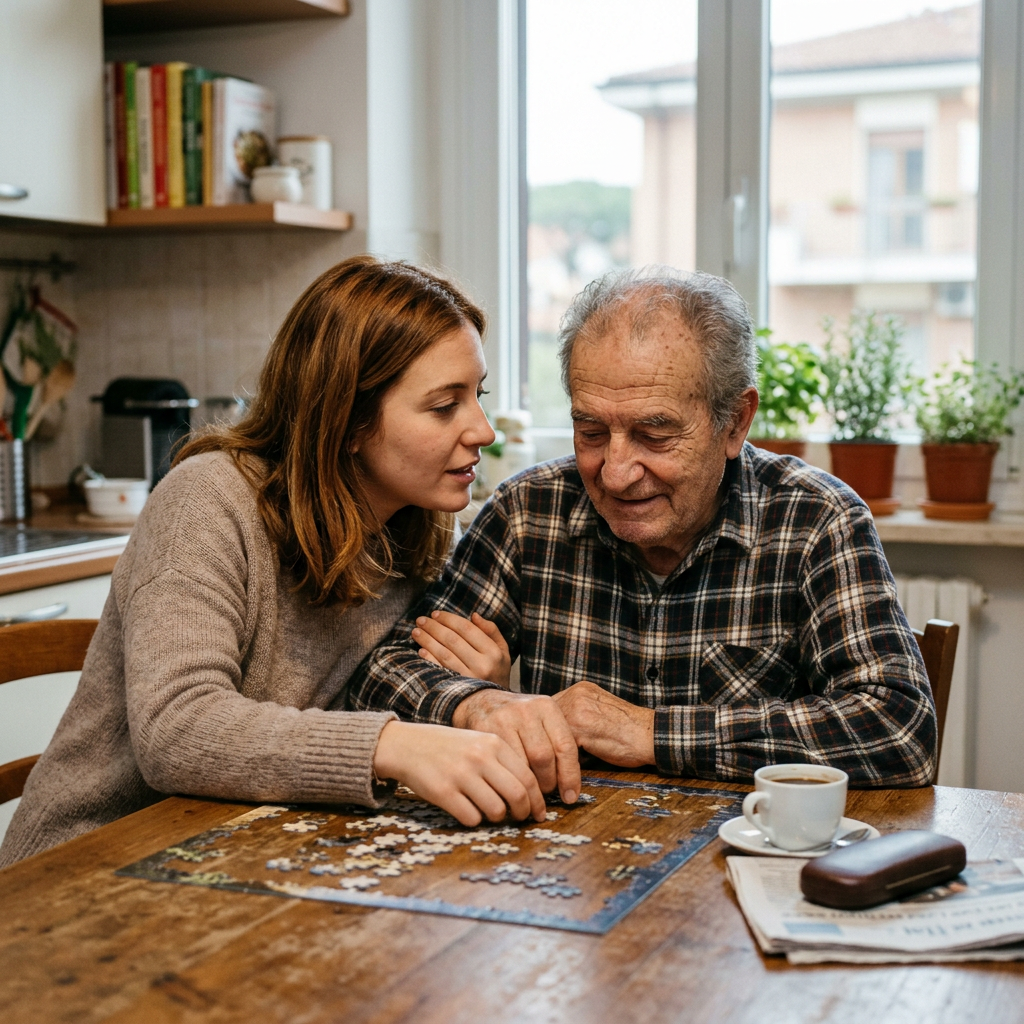 Young woman and elderly man working on a jigsaw puzzle together at a table